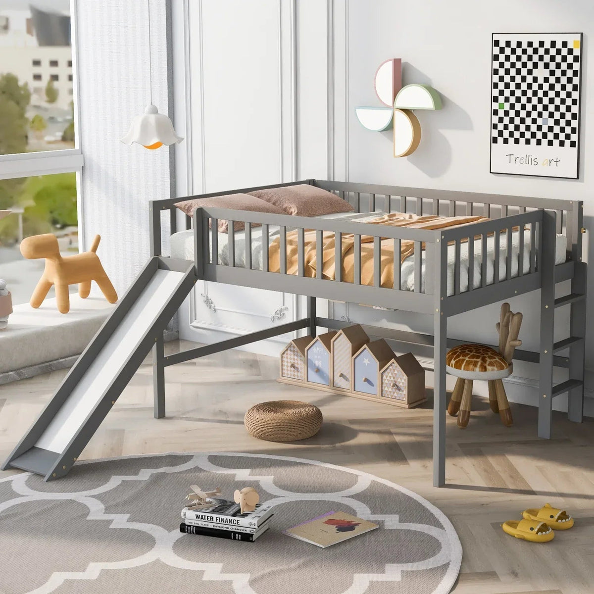 Gray Full Size Low Loft Bed With Ladder And Slide