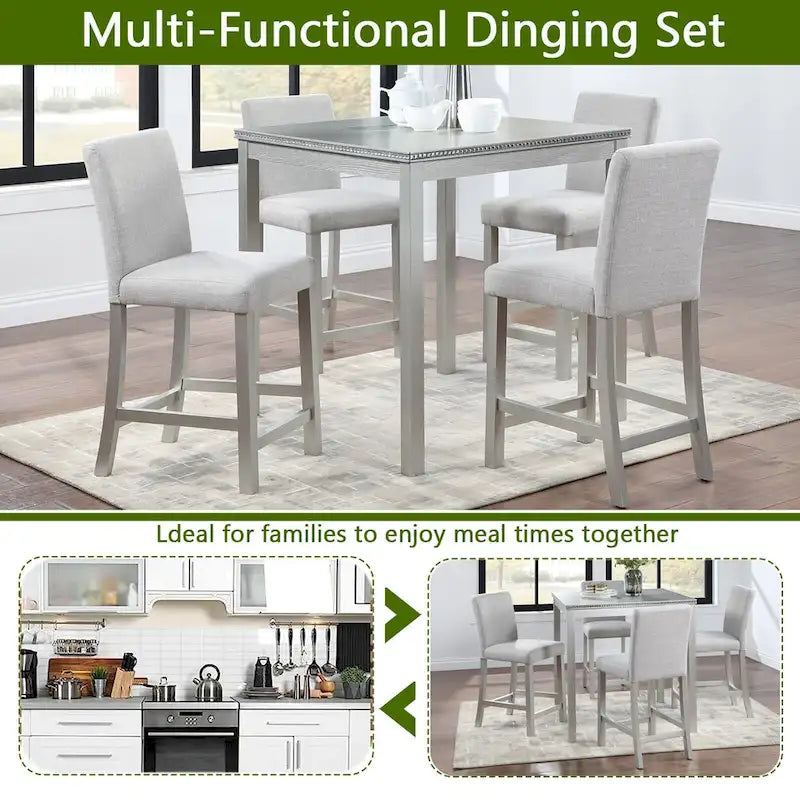 Modern 5-Piece Counter Height Dining Set With Square Table And 4 Upholstered Chairs