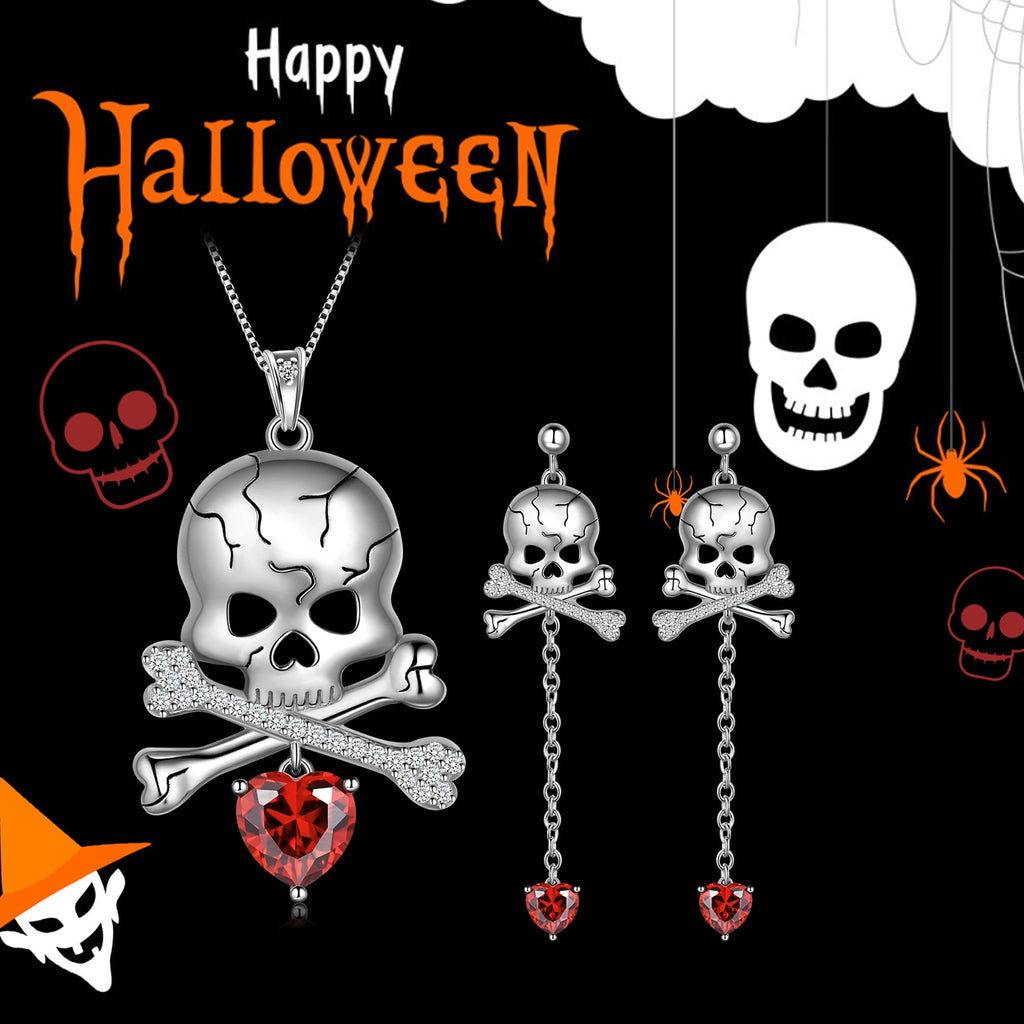 Beautlace 925 Sterling Silver Skull Jewelry Set, Halloween Skeleton Skull Pendant Necklace/Drop Dangle Earrings Gothic Vintage Skull Jewelry Set for Women