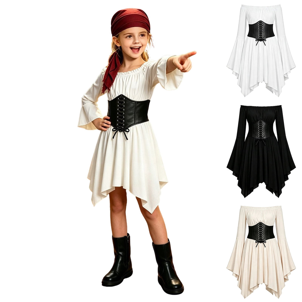 Kids Off the Shoulder Pirate Dresses with Sash Two Piece Set Pirate Costume Halloween Cosplay Halloween Costume Kids Size 4-14 Years