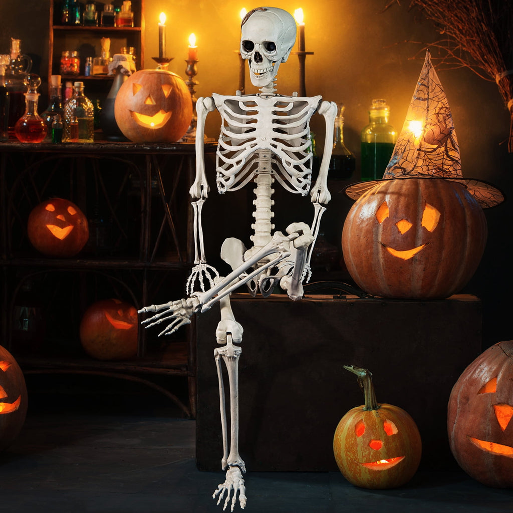Costway 5.4 FT Halloween Skeleton Decoration Life Size Large Skeleton with Posable Joints 64.5 Inches Ivory White