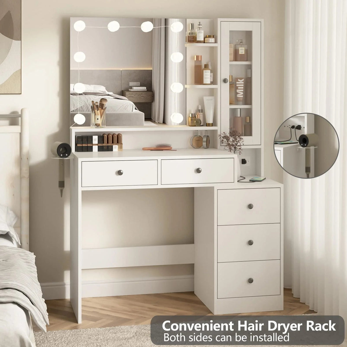 VEANERWOOD Makeup Vanity Desk With Lighted Mirror, Power Strip, 5 Drawers, White - 39.4in x 15.7in x 56.7in