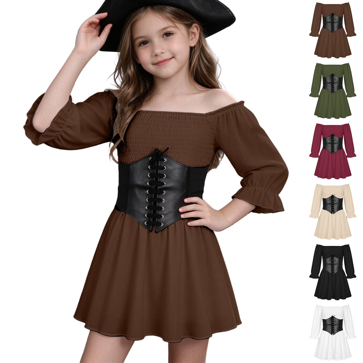 Kids Off the Shoulder Pirate Dresses with Sash Two Piece Set Pirate Costume Halloween Cosplay Halloween Costume Kids Size 4-14 Years