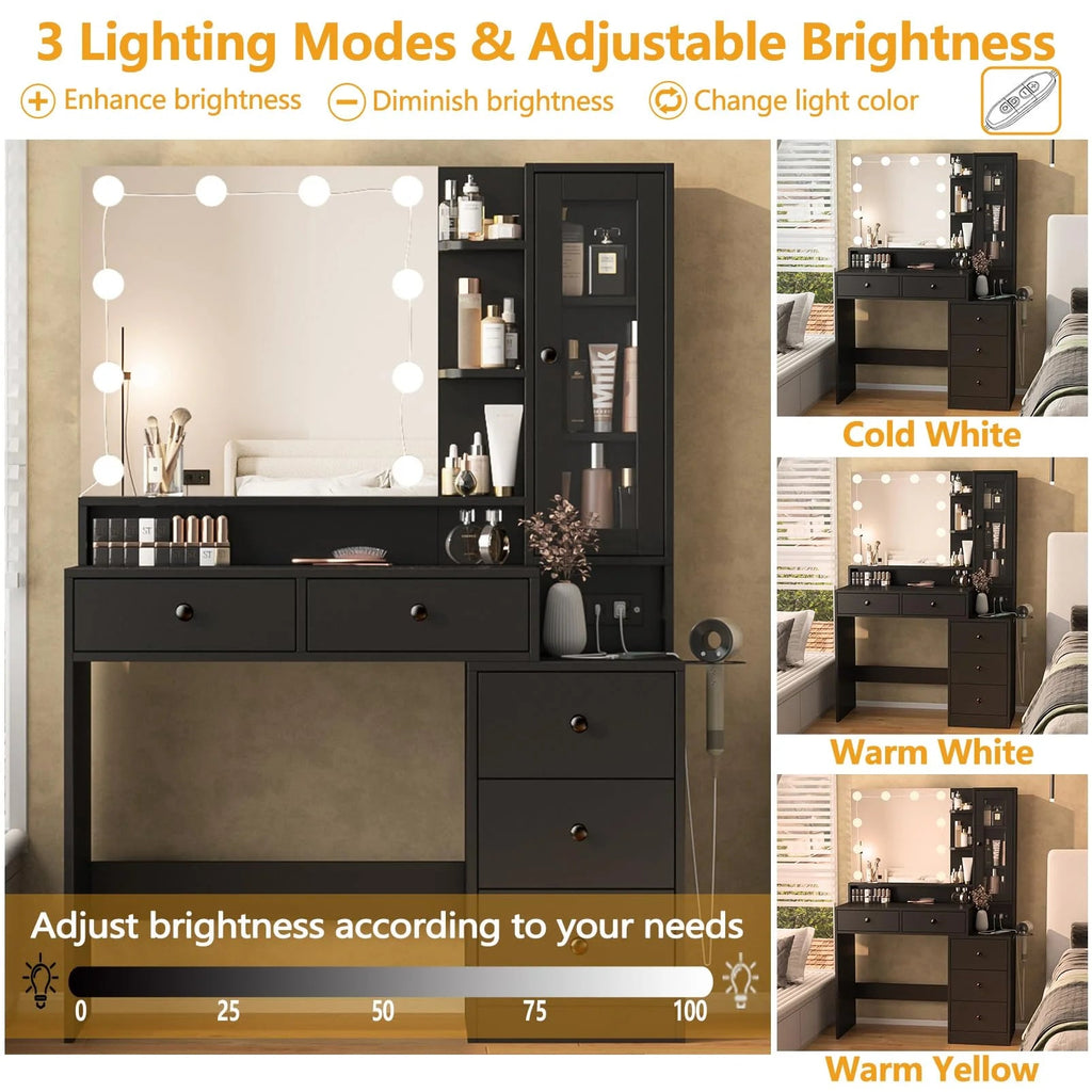 VEANERWOOD Makeup Vanity Desk With Lighted Mirror, Power Strip, 5 Drawers, White - 39.4in x 15.7in x 56.7in