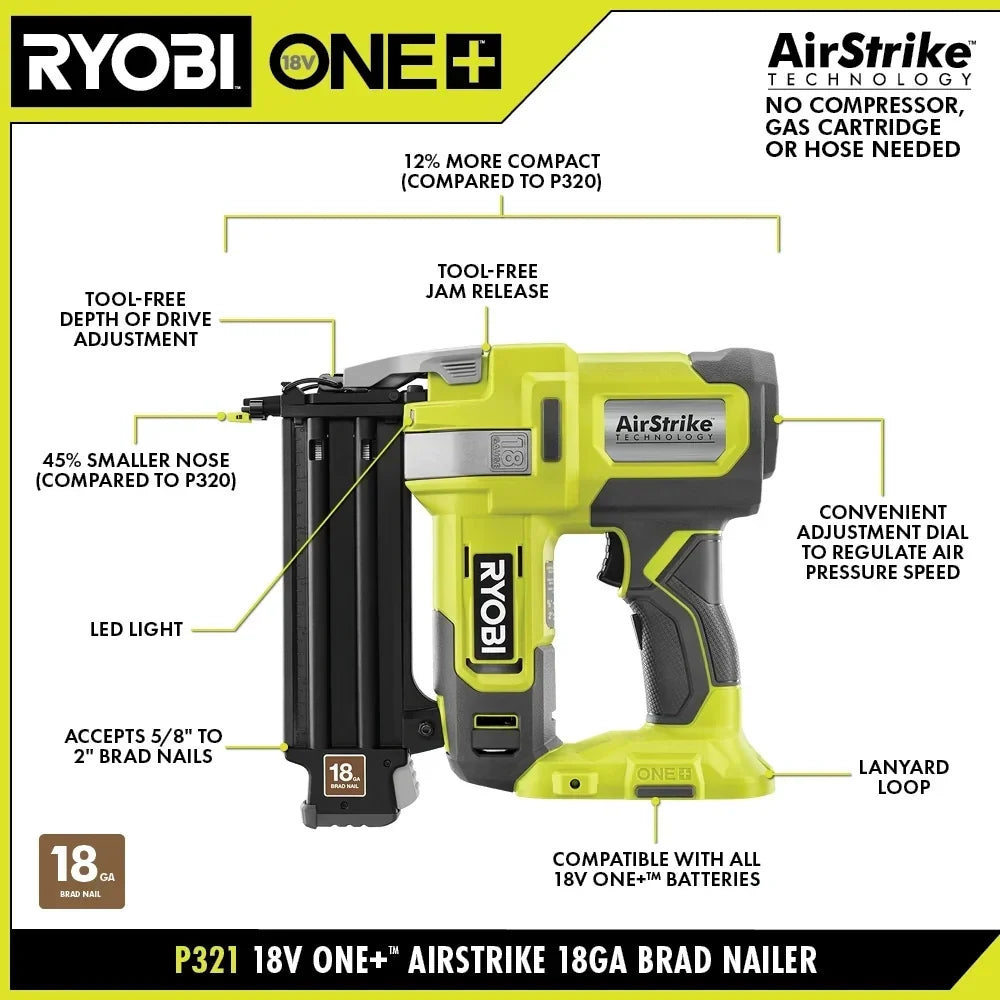 RYOBI 18V ONE+ AirStrike 18GA Brad Nailer Kit - P321 with 4.0 Ah Battery and Charger