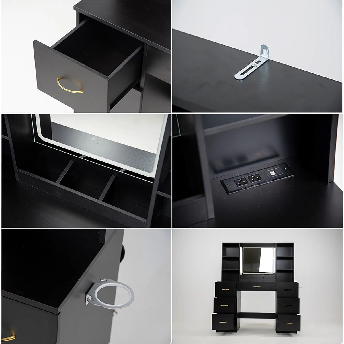 ChVans 47in Vanity Desk Set With LED Lighted Mirror, 7 Drawers, 6 Shelves, Cushioned Storage Stool - Black