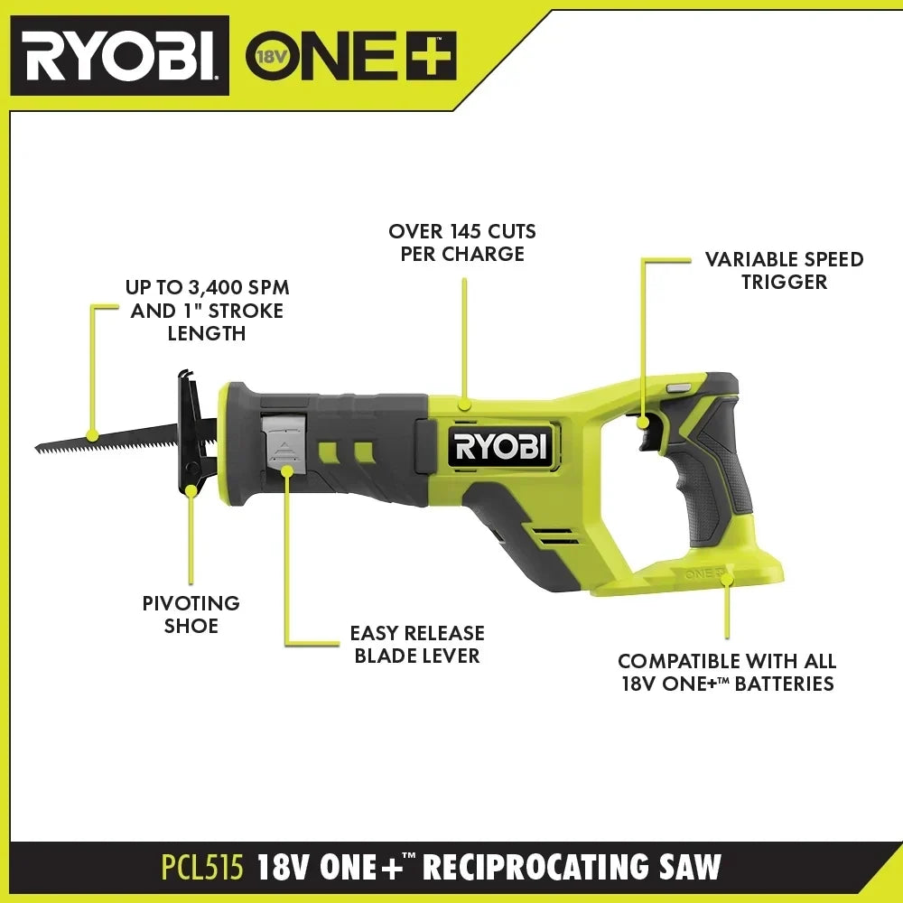 RYOBI 18V ONE+ Reciprocating Saw - 1" Stroke Length and 3,400 SPM
