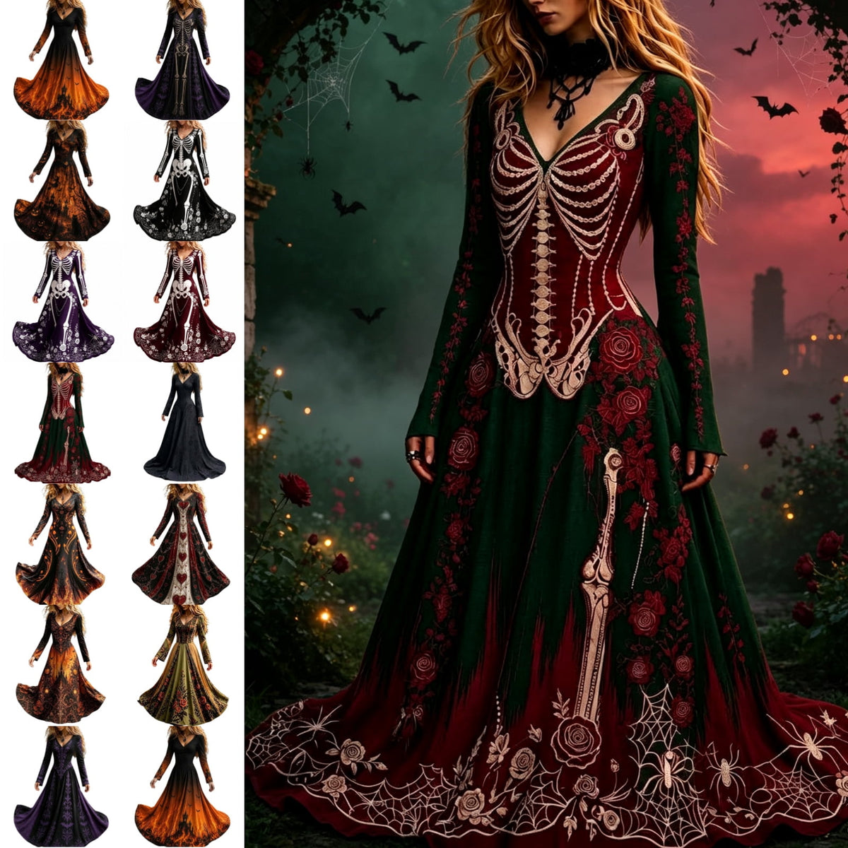 KICILVS Gothic Clothes For Women Black Spiderweb And Spider Print Flowing V Neck Long Maxi Dress Halloween Cosplay Gothic Party Dress
