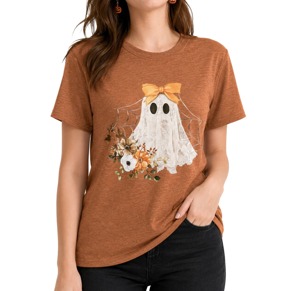 DEXIO Halloween Pumpkin Season Shirts for Women Graphic T-Shirts Fall Casual Short Sleeve Tops Orange XXL