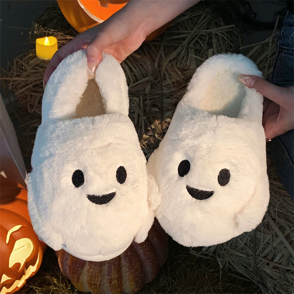 KEVCHE Halloween Ghost Pumpkin House Slippers, Warm Cozy Plush Slippers for Indoor Outdoor Home, Cute Spooky Holiday Footwear for Fall Winter Comfort
