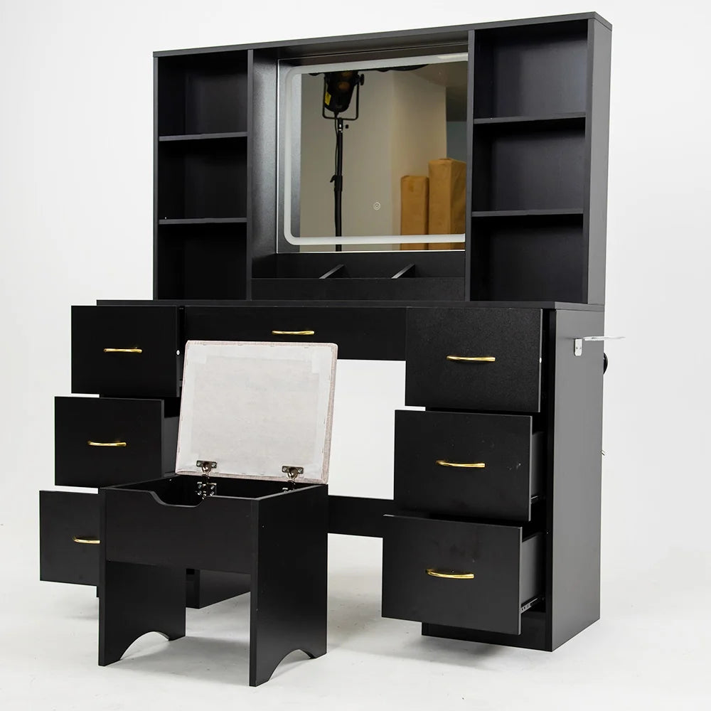 ChVans 47in Vanity Desk Set With LED Lighted Mirror, 7 Drawers, 6 Shelves, Cushioned Storage Stool - Black
