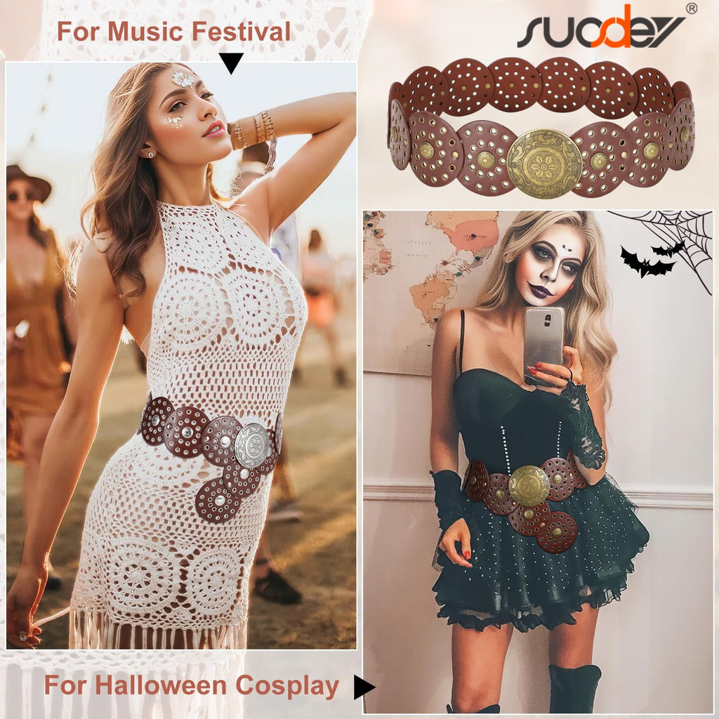Women's Concho Disc Belt Western Cowboy Cowgirl Wide Leather Boho Country Waist Belts for Dress Jeans