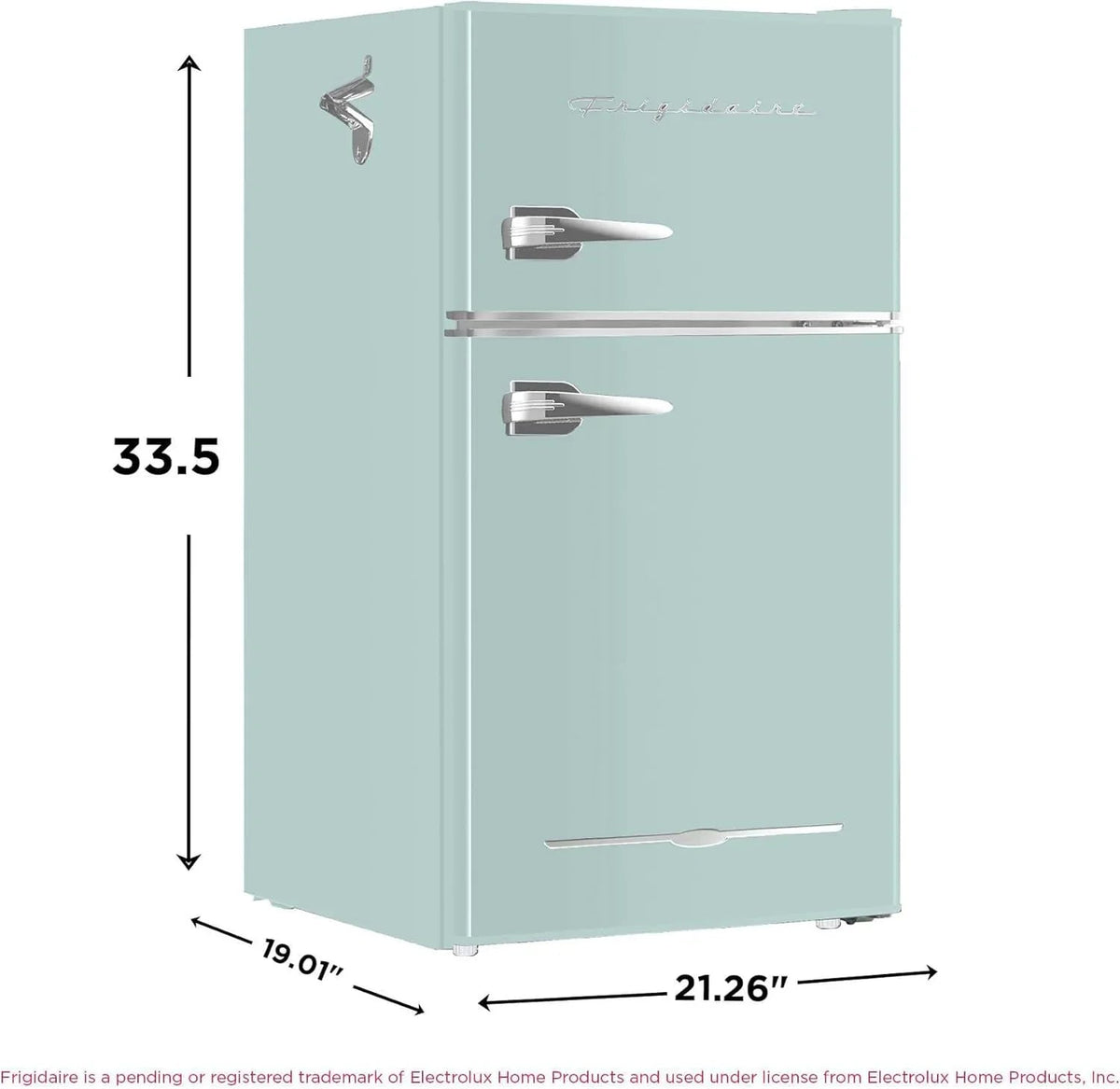Frigidaire Retro 2 Door Mini Refrigerator With Freezer And Side Bottle Opener, 3.1 Cu Ft, 19in D x 20.5in W x 33.5in H