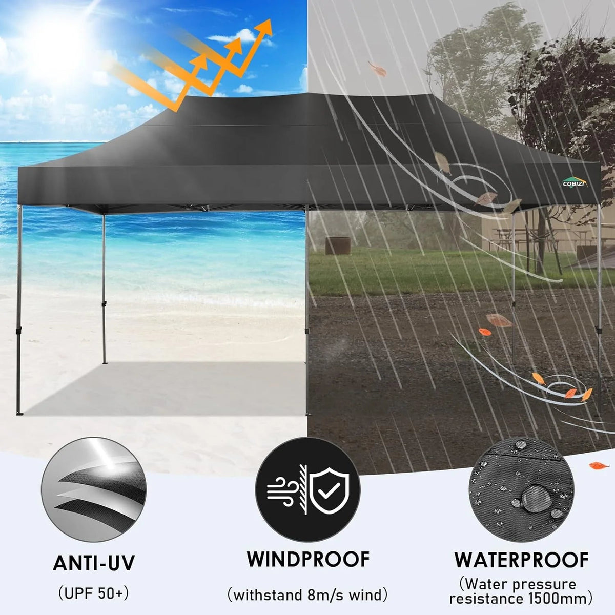 COBIZI 10x20 Heavy Duty Pop-Up Canopy Tent With 6 Sidewalls - Black