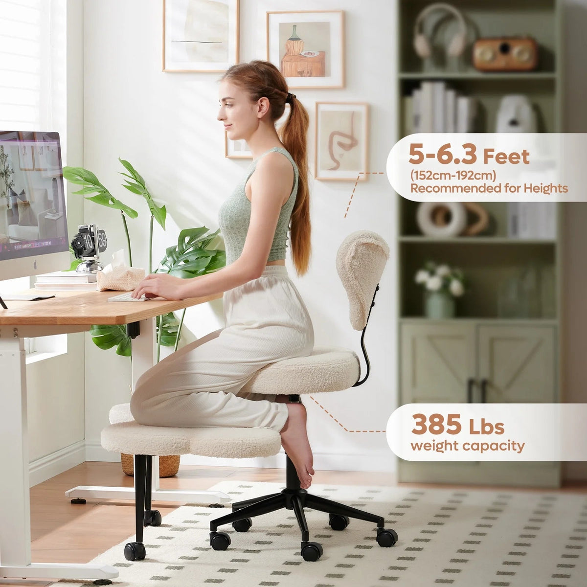 Pinmoco Ergonomic Cross-Legged Swivel Chair, Adjustable Height, Teddy Fabric, Off White