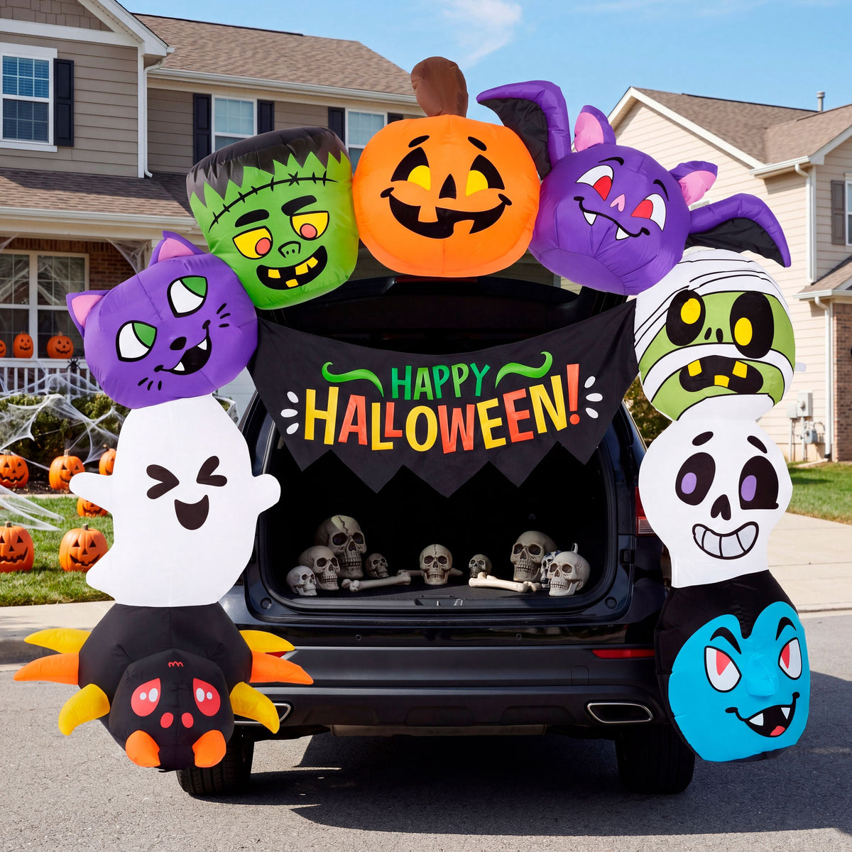 Joyfy 6 ft Halloween Inflatable Archway Decoration with Multi-Characters, Trunk or Treat Car Decorations Kit Archway with Built-in LED Light for Halloween Party, Outdoor, Yard, Garden Decor