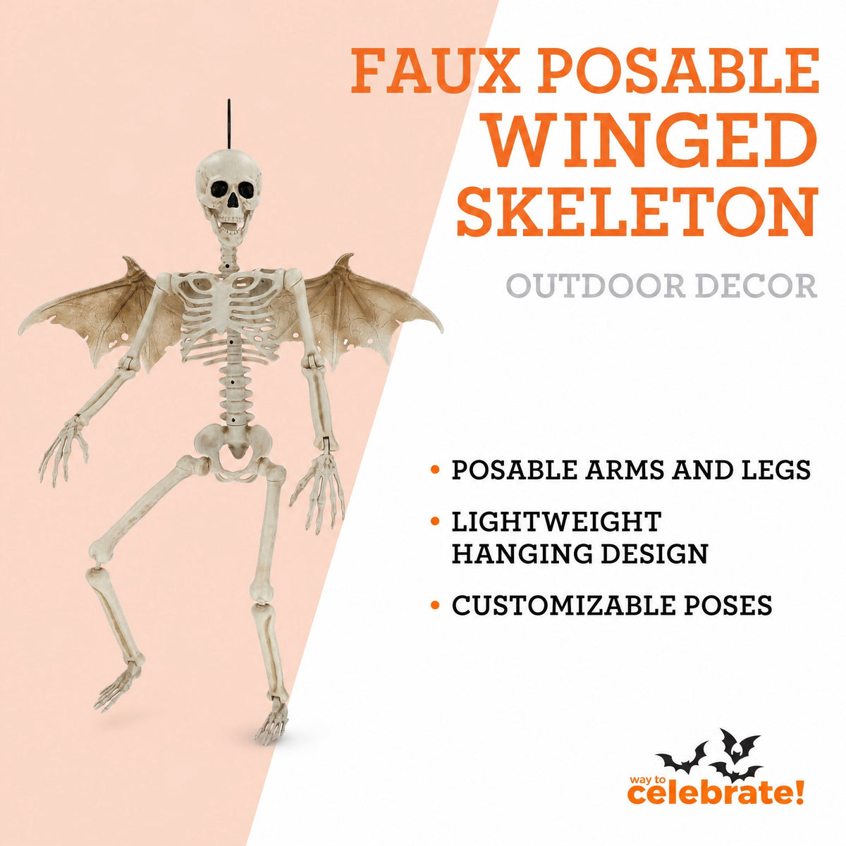 Faux Posable Winged Skeleton, 36", Halloween by Way To Celebrate
