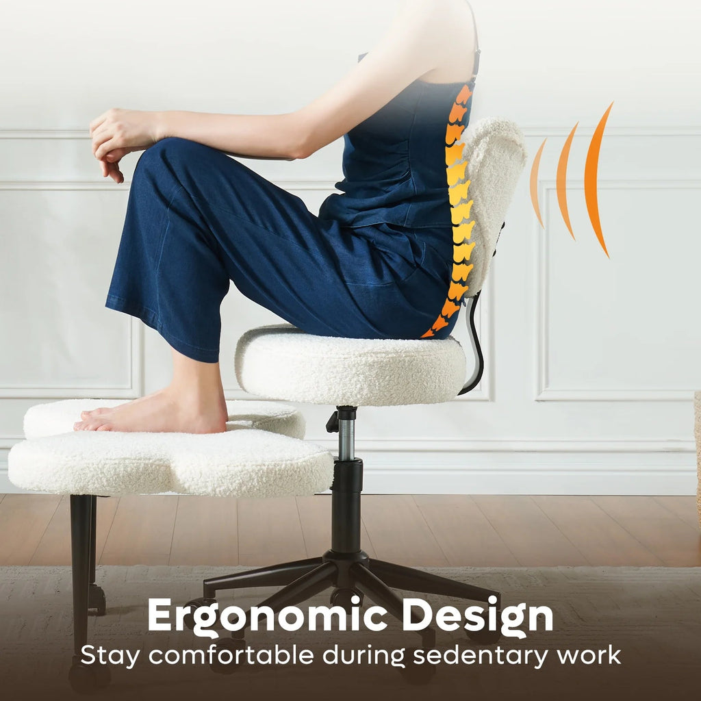 Pinmoco Ergonomic Cross-Legged Swivel Chair, Adjustable Height, Teddy Fabric, Off White