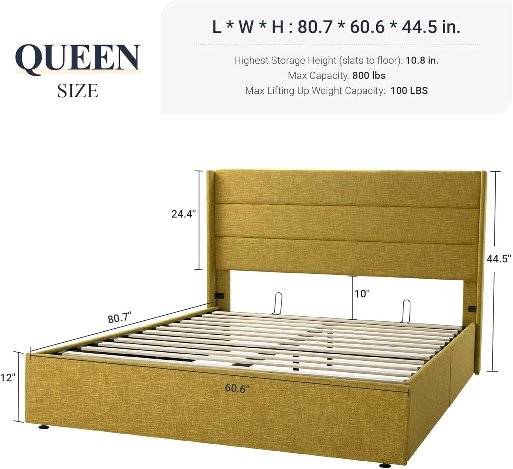 Allewie Queen Lift Up Storage Bed Frame With Wingback Headboard, Light Beige - 80.7 x 60.6 x 44.5 in