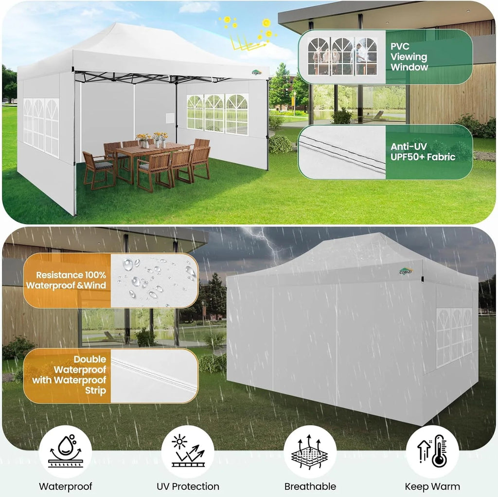 COBIZI 10x20 Heavy Duty Pop-Up Canopy Tent With 6 Sidewalls - Black