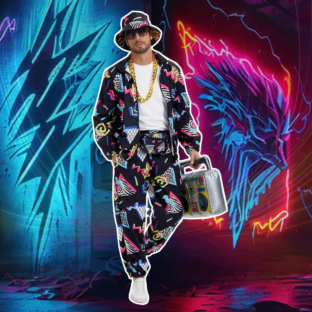 GYQMBT 80s 90s Men's Sportswear, Party Hip Hop Windbreaker 90s Disco Sportswear, 80s Adult Bizarre Costume 8 Piece Set