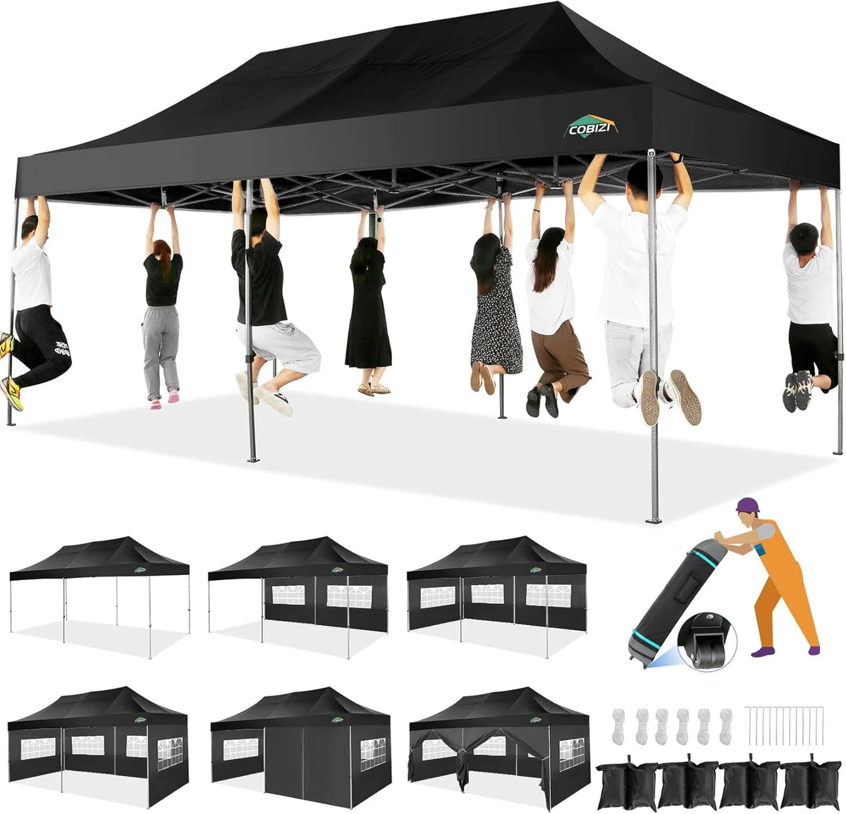 COBIZI 10x20 Heavy Duty Pop-Up Canopy Tent With 6 Sidewalls - Black