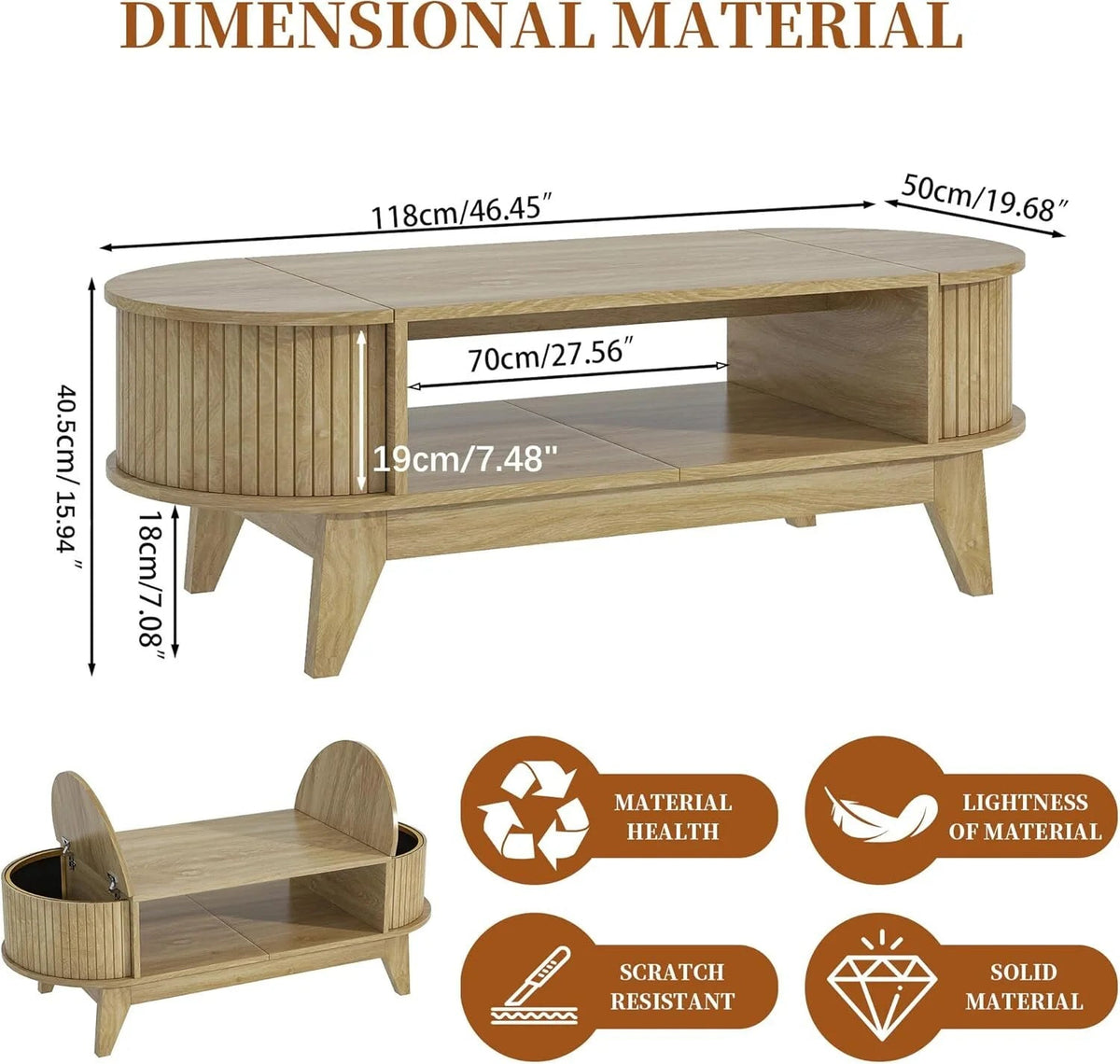 Fluted Oval Coffee Table With Storage, 46.45 x 19.68 x 15.94 in