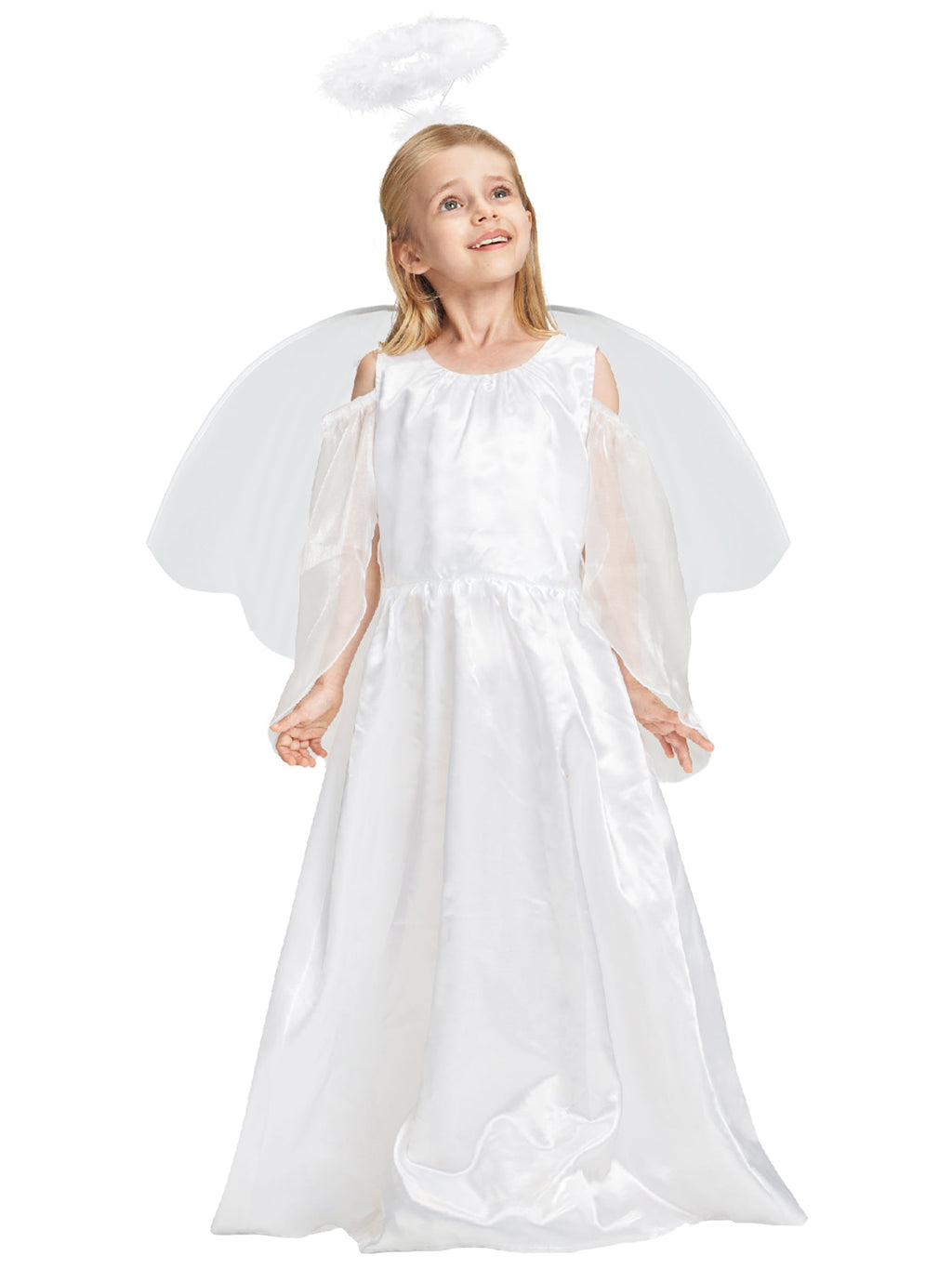 Girls Angel Costume, 3 Pcs Dress Halo Wings White Fancy Dress Up for Nativity Halloween Christmas 3-4 Years