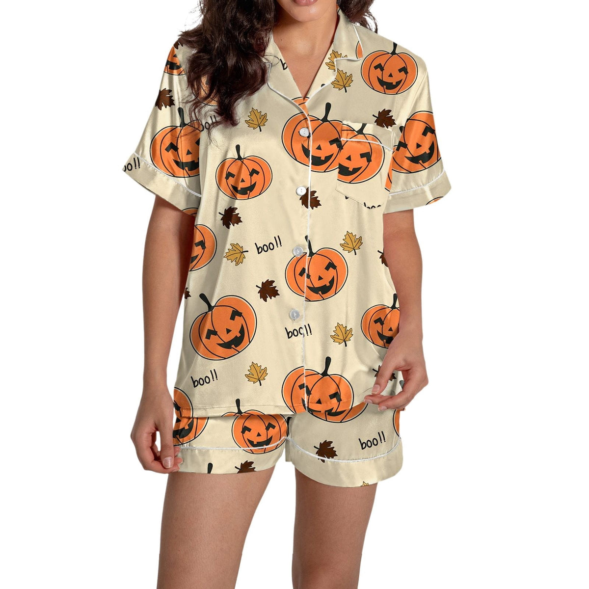 ChenYiFH Halloween Pajama Sets For Women 2 Piece Pumpkin Print Shirts And Pajamas Shorts Button Down Short Sleeve Sleepwear Black S