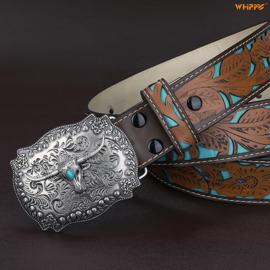 WHIPPY Western Genuine Leather Belt for Women Men Ladies Vintage Engraved Belt Cowboy Cowgirl Belt