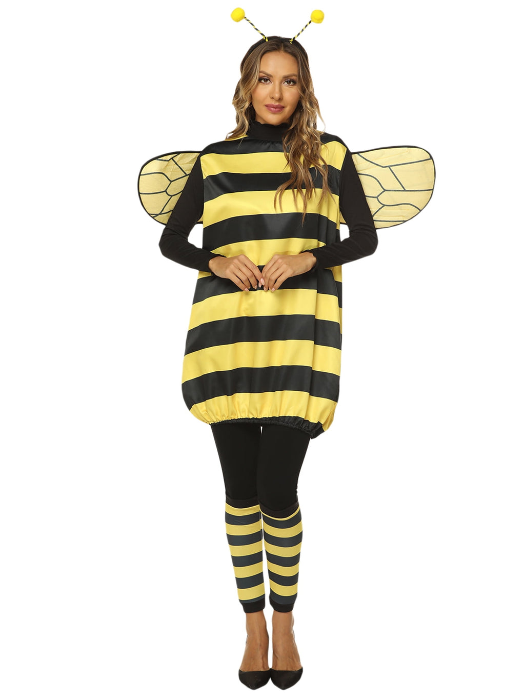 Bee Costume for Women Halloween Costume Bee Dress with Wings Headband Leg Sleeves Funny Costume