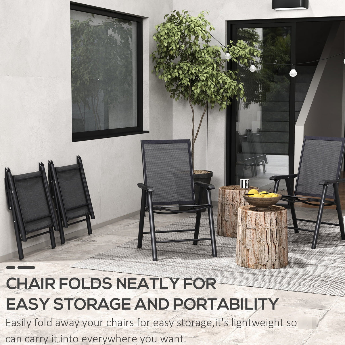 Patio Folding Stackable Outdoor Sling Chairs, 4 Count, Black - 22.87in L x 25.15in W x 37in H