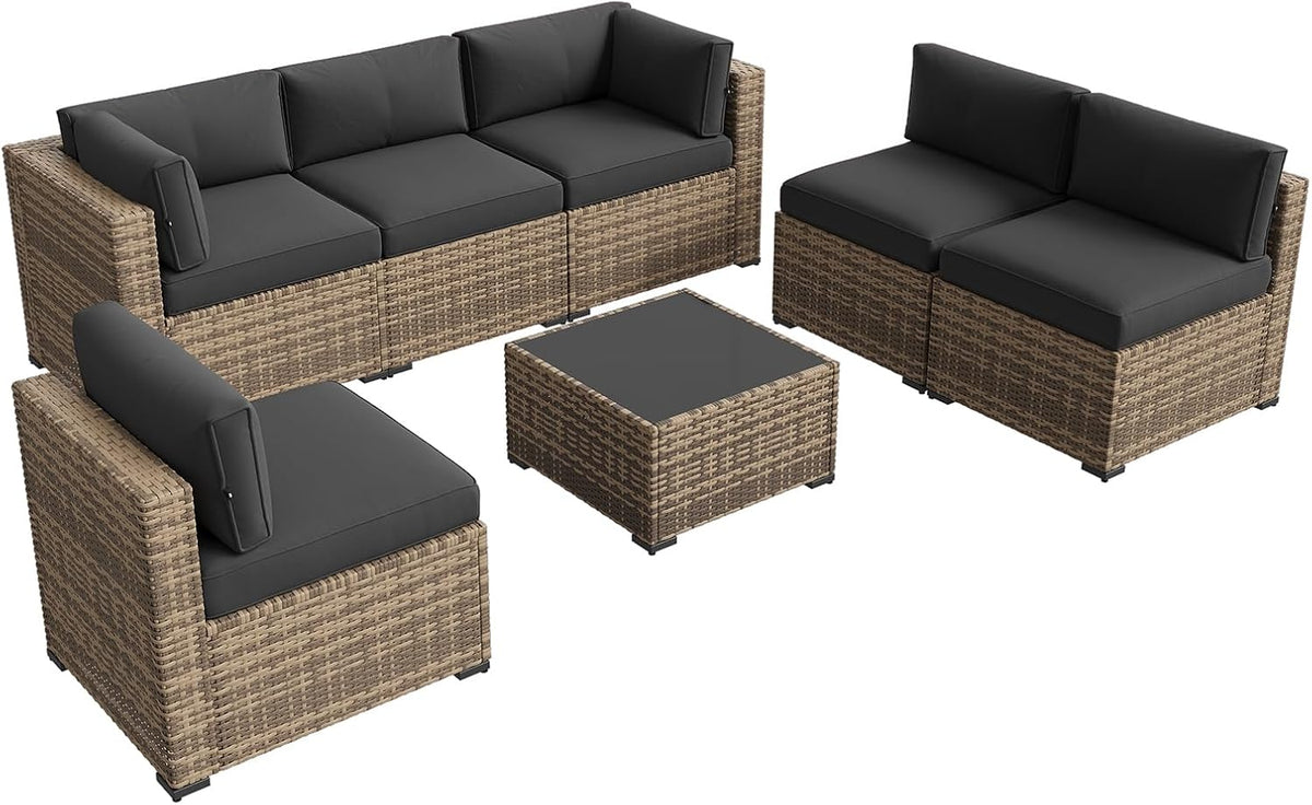 Aoxun 7-Piece Outdoor Wicker Patio Conversation Set With Thick Cushions