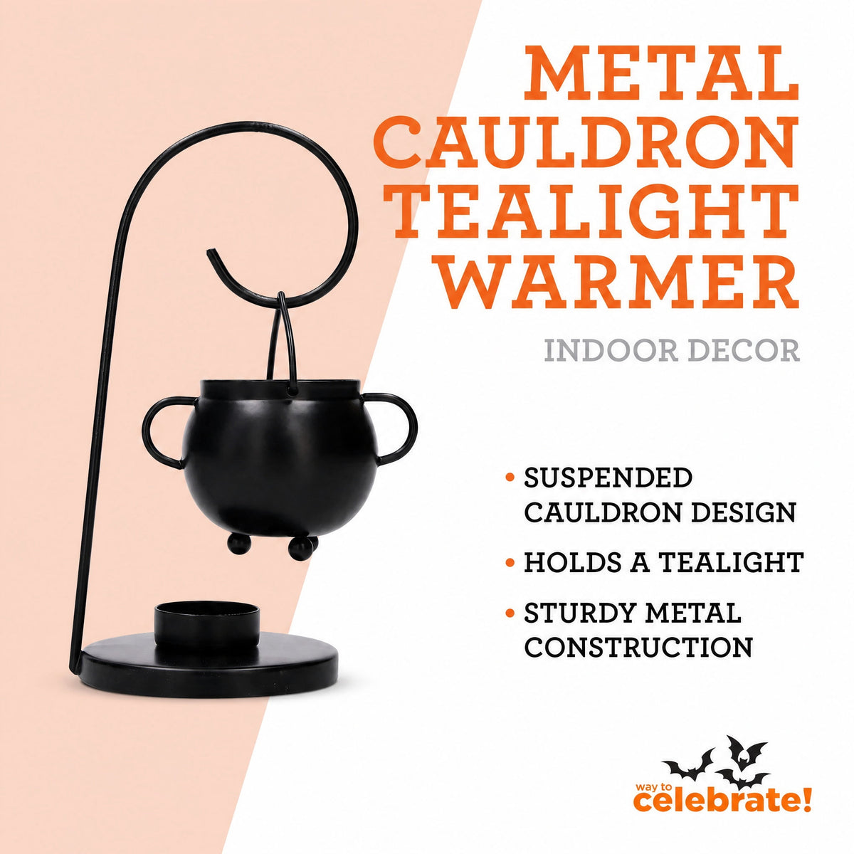 Metal Cauldron Tealight Warmer, Black, 9", Halloween by Way To Celebrate