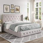 Allewie Queen Lift Up Storage Bed Frame With Wingback Headboard, Light Beige - 80.7 x 60.6 x 44.5 in