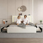 Full Upholstered Platform Bed Frame With 4 Storage Drawers, LED Lights, Adjustable Headboard And Charging Station - White