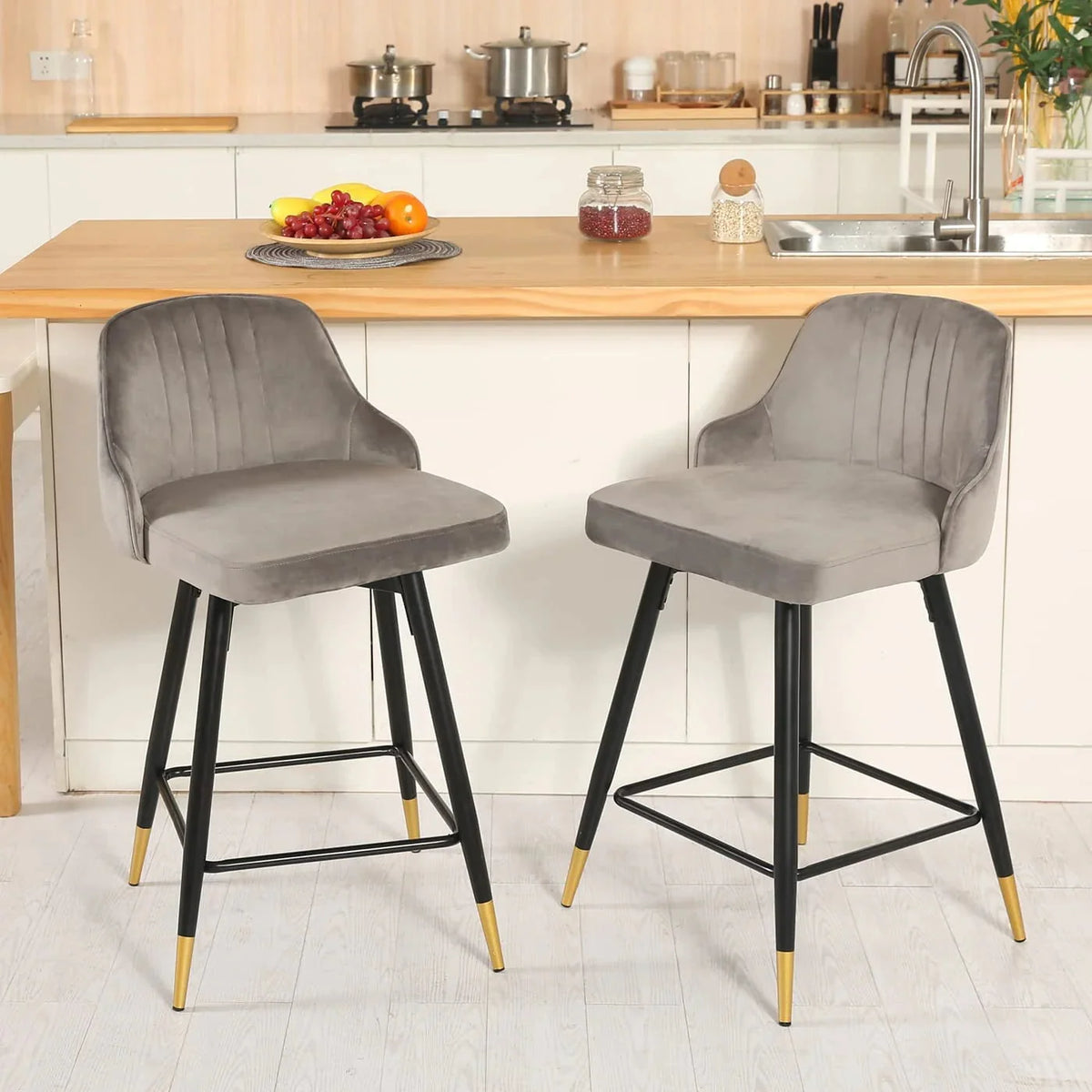EiweLive Counter Height Swivel Bar Stools With Back, Gray Velvet, Set Of 4 - 25 in