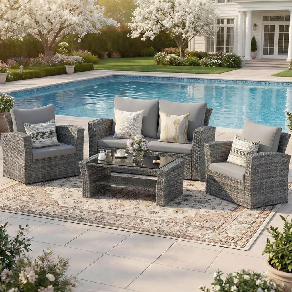 Wisteria Lane 4-Piece Wicker Patio Conversation Set With Cushions And Glass Table - Ash Gray