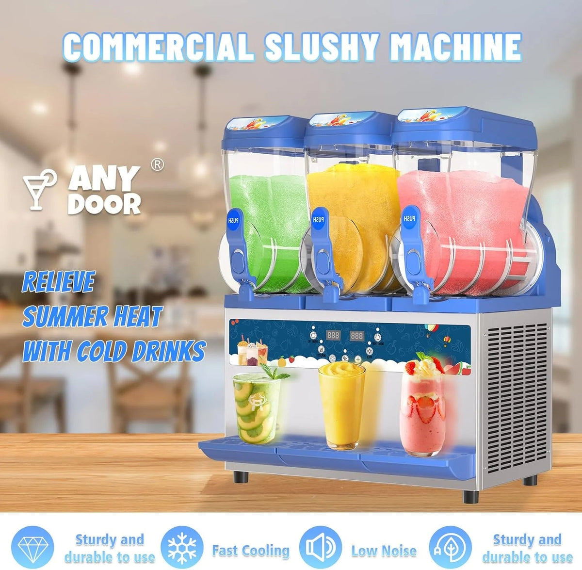 AnyDoor Commercial Slushy Machine, 30L, 1000W, Stainless Steel, Blue - 300-X