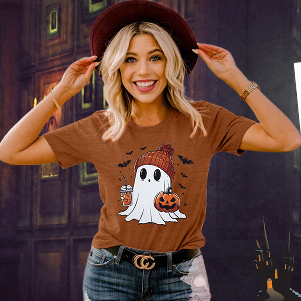 KimSoong Women Halloween T-Shirt Cute Ghost Fall Pumpkin Graphic Shirt Coffee Lover Tees Short Sleeve Tops