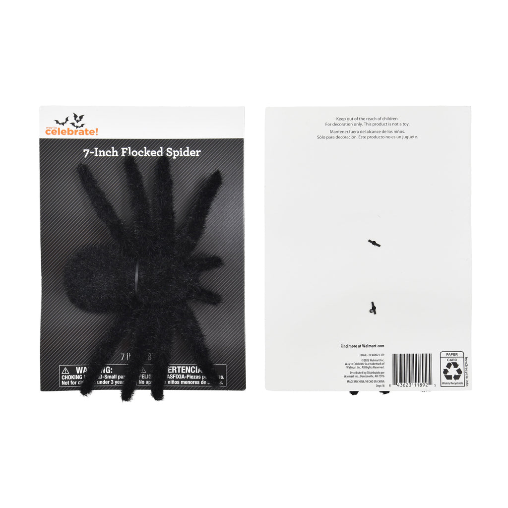 Flocked Spider Decoration, Black, 7", Halloween by Way To Celebrate