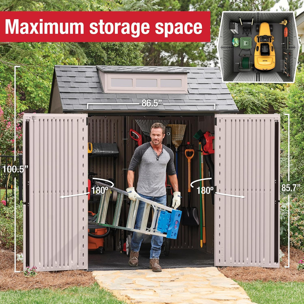 Rubbermaid Resin Outdoor Storage Shed With Floor, 7 x 7 Ft, Gray