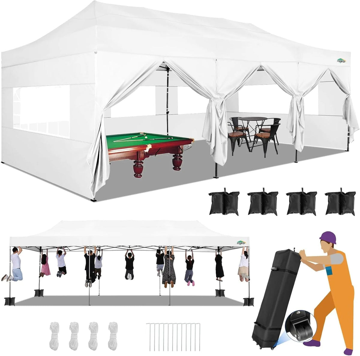COBIZI 10x20 Heavy Duty Pop-Up Canopy Tent With 6 Sidewalls - Black