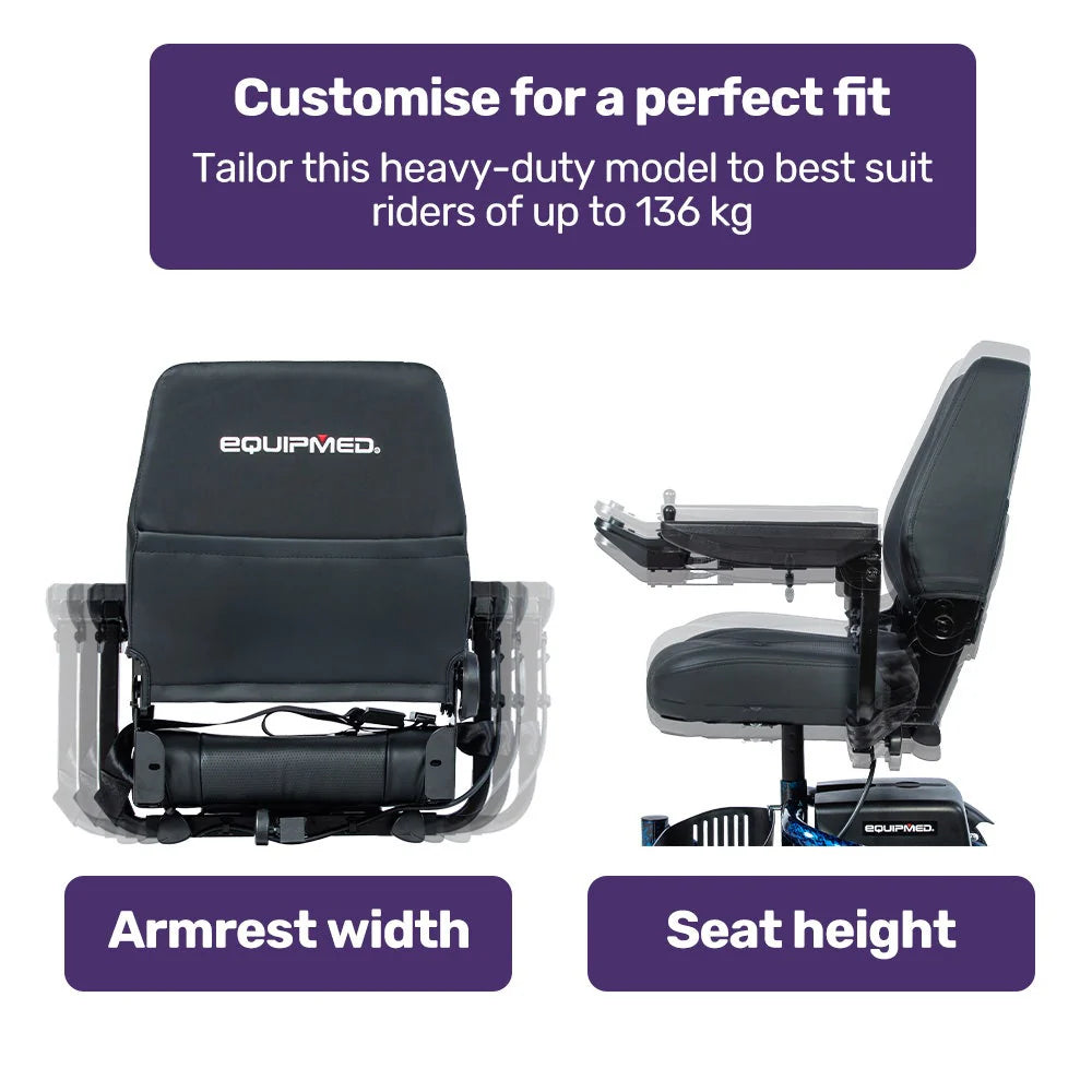 Equipmed Heavy Duty Electric Wheelchair, 20km Range, 125kg Capacity, Blue - PowerCruise Paramount
