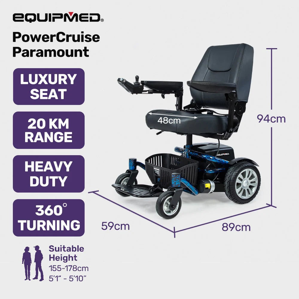 Equipmed Heavy Duty Electric Wheelchair, 20km Range, 125kg Capacity, Blue - PowerCruise Paramount