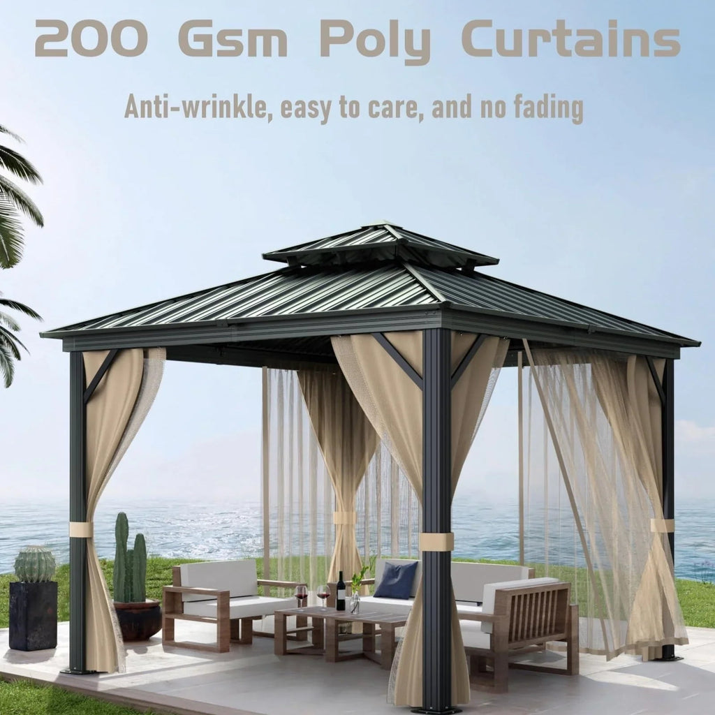 10x10 Hardtop Gazebo With Double Metal Roof, Aluminum Frame, Net And Curtain - Khaki