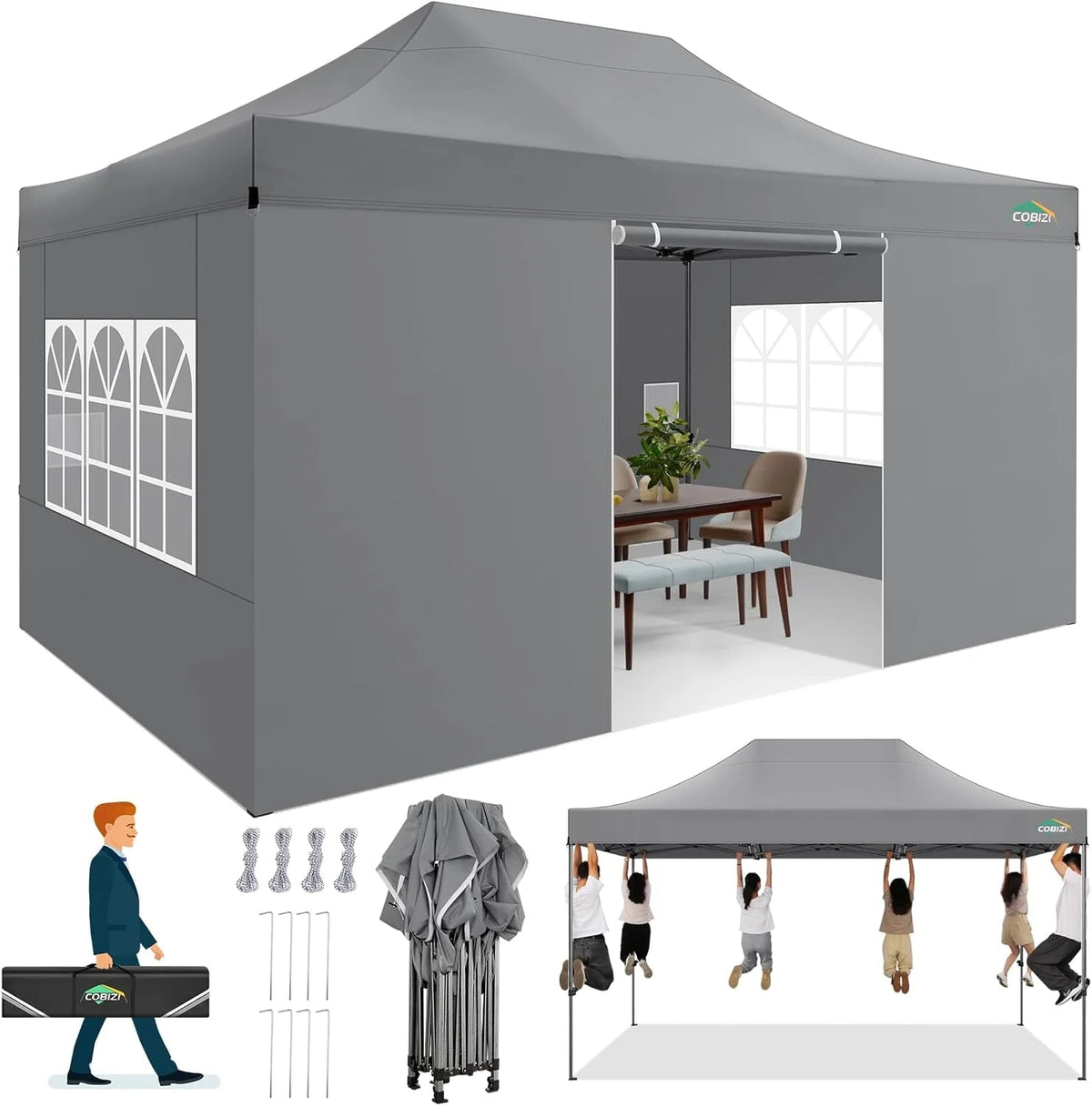 COBIZI 10x20 Heavy Duty Pop-Up Canopy Tent With 6 Sidewalls - Black