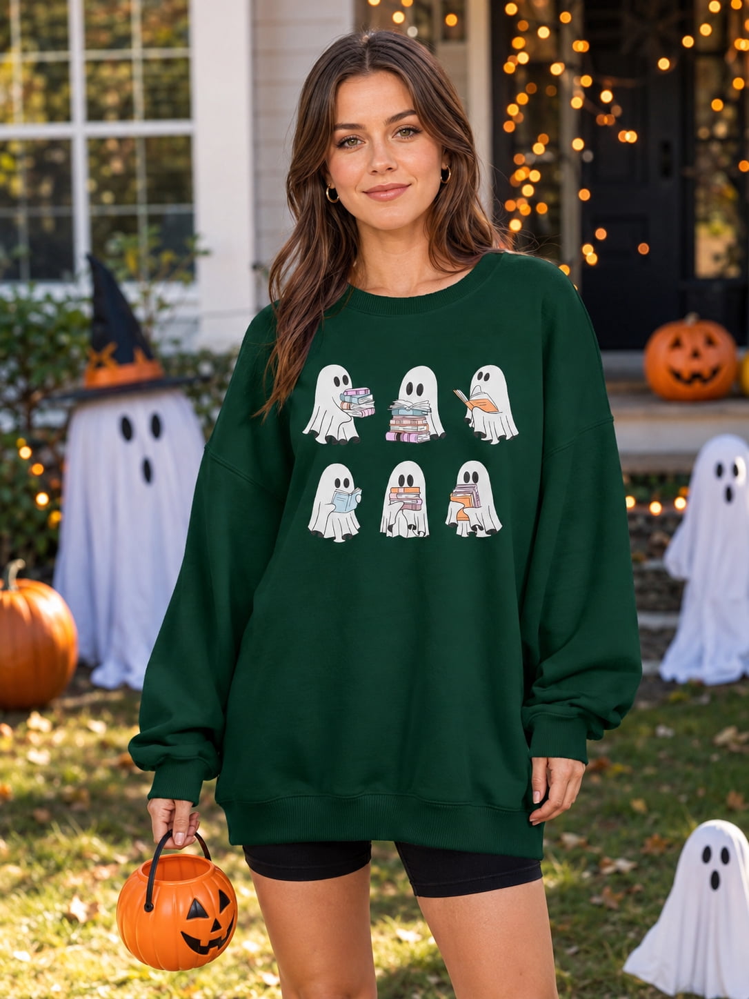 KimSoong Halloween Sweatshirts for Women Ghost Reading Books Sweater Cute Spooky Bookish Shirt Fall Pullover Tops