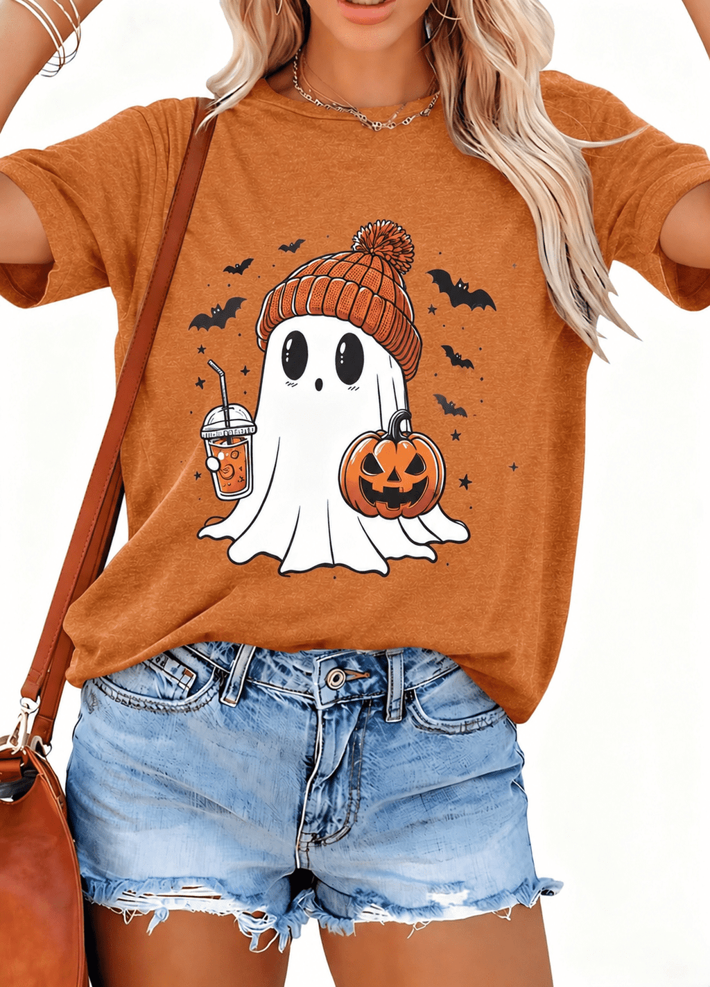 KimSoong Women Halloween T-Shirt Cute Ghost Fall Pumpkin Graphic Shirt Coffee Lover Tees Short Sleeve Tops