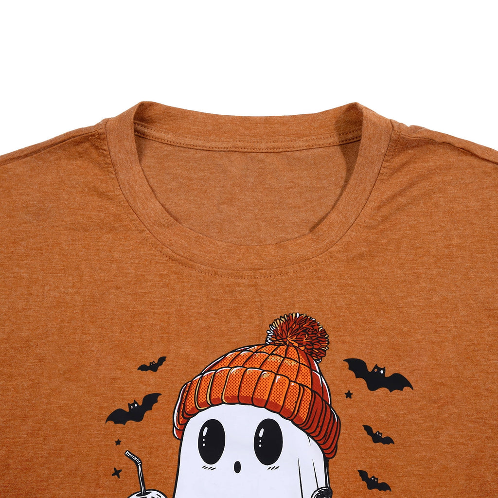 KimSoong Women Halloween T-Shirt Cute Ghost Fall Pumpkin Graphic Shirt Coffee Lover Tees Short Sleeve Tops
